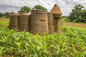 West Africa Prints: Africa, Togo, Koutammakou area. Landscape with tata somba, a traditional tribal village