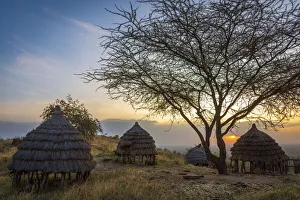 Africa, Uganda, Karamoja. Moroto. Dodoth village at the slopes of the Mount Moroto with the traditional buildings