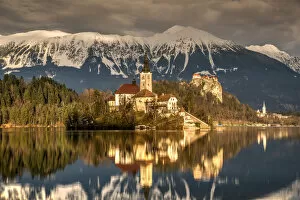 Images Dated 10th January 2018: Afternoon sunlight over Church of the Assumption of Mary, Lake Bled, Upper Carniola