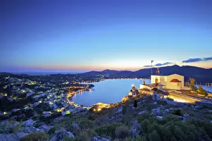 Leros Prints: Aghia Evagelismos Chapel At Dusk With Agia Marina In The Background, Leros, Dodecanese