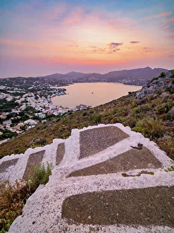 Staircase Prints: Agia Marina at dusk, elevated view, Leros Island, Dodecanese, Greece