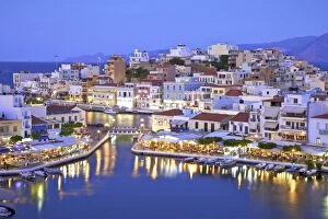 Agios Nikolaos Harbour From An Elevated Angle At Dusk, Agios Nikolaos, Crete, Greek Islands
