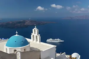 Cruiseship Prints: Agios Theodori church, with the caldera and a cruiseship in the distance