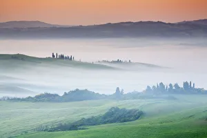 Agricultural landscape in fog - Italy, Tuscany, Siena, Val d Orcia