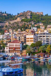 Neil Farrin Prints: Alanya Harbour, Kuyularonu Mosque and the Castle, Alanya, Turkey