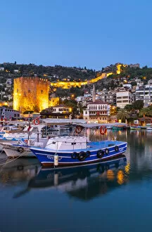 Images Dated 19th November 2019: Alanya Harbour and The Red Tower at Dusk, Alanya, Turkey