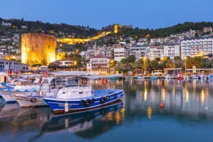 Images Dated 19th November 2019: Alanya Harbour and The Red Tower at Dusk, Alanya, Turkey