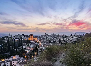 Albaicin Prints: Albaicin or Albayzin at dusk, elevated view, Granada, Andalusia, Spain