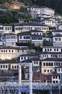Albanian Prints: Albania, Berat, Osumi River Pedestrian Bridge and Ottoman-era buildings, dawn