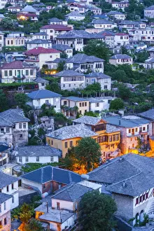 Albanian Prints: Albania, Gjirokastra, elevated view of Ottoman-era houses, dawn