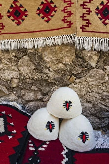 Albania Gallery: Albania, Kruja, town bazaar, Qeleshe traditional Albanian felt hats