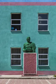 Albanian Prints: Albania, Permet, school building with Communist-era statue