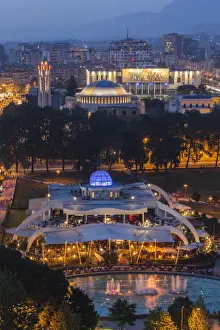 Albania, Tirana, elevated overview of Rinia Park and Taiwan Restaurant complex