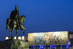 Images Dated 29th April 2013: Albania, Tirana, Skanderbeg Square, statue of Skanderbeg and National Historical Museum