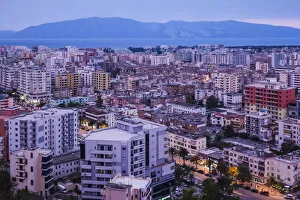 Albania Gallery: Albania, Vlora, elevated city view, dusk