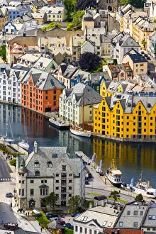 Alesund, More og Romsdal, Norway. Aerial view of Art Nouveau buildings