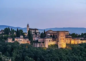 Granada Prints: The Alhambra, a palace and fortress complex, dusk, Granada, Andalusia, Spain