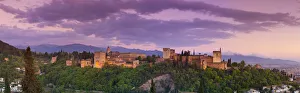 Moorish Prints: The Alhambra Palace illuminated at dusk, Granada, Granada Province, Andalucia, Spain
