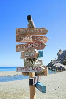Images Dated 1st September 2022: All directions sign post on beach, Preveli beach, Rethymno, Crete, Greek Islands, Greece