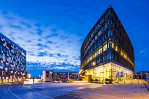 Images Dated 25th November 2019: Aller Media building in Copenhagen by night, Denmark