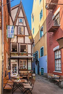Alley with colorful houses in the historic Schnoor district, Bremen, Germany