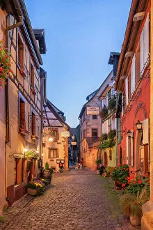 Alsace Gallery: Alley at Riquewihr at dusk, Haut-Rhin, Alsace, Alsace-Champagne-Ardenne-Lorraine, Grand Est, France