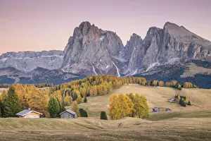 Alpe di Siusi with Mount Sassolungo and Mount Sassopiatto on yhe background, South tyrol