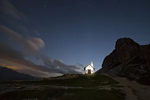 Hutte Prints: The alpine church of Locatelli refuge, with Sasso di Sesto in the background, Dolomites