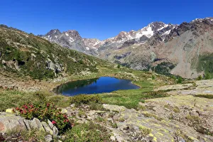 Alpine lake of Lago di Zana, in front of Mount Disgrazia, Valmalenco, Province of Sondrio
