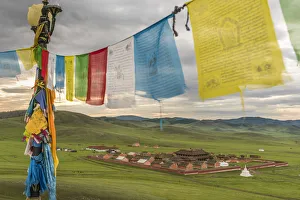 Cloudy Prints: Amarbayasgalant Monastery from above framed by prayer flags