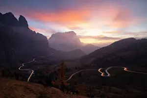 Langkofel Prints: an amazing sunset shoted from the drone at Gardena pass during an autumn sunset
