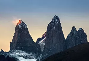 Images Dated 22nd April 2021: Americas, South America, Chile, Patagonia, the Torres del Paine mountains at sunset in