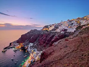 Thera Prints: Ammoudi Bay and Oia Village at dusk, Santorini or Thira Island, Cyclades, Greece