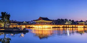 South Korea Prints: Anapji Pond (UNESCO World Heritage Site) at dusk, Gyeongju, South Korea
