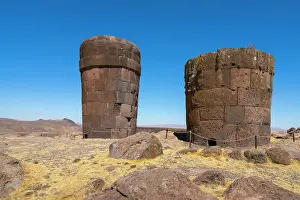 Peru Prints: Ancient burial ground Sillustani featuring cylindrical funerary towers