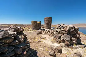 Burial Place Prints: Ancient burial ground Sillustani featuring cylindrical funerary towers