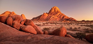 Namibia Prints: Ancient granite mountains and boulders at dawn, Spitzkoppe, Namib Desert, Namibia