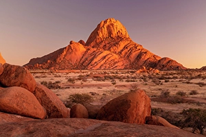 Boulders Prints: Ancient granite mountains and boulders at dawn, Spitzkoppe, Namib Desert, Namibia