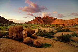 Namibian Prints: Ancient granite mountains and boulders at dusk, Spitzkoppe, Namib Desert, Namibia