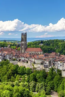 Old City Prints: ancient medieval town of Fribourg. Fribourg, Canton of Fribourg, Switzerland