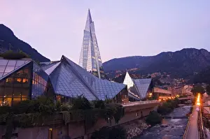 Andorra Andorra La Vella Hot Spring Complex Caldea lit up in the evening