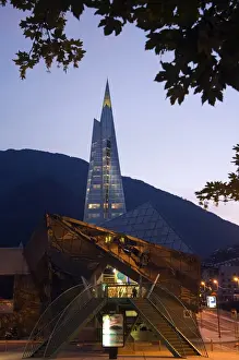 Cutting Prints: Andorra Andorra La Vella Hot Spring Complex Caldea lit up in the evening
