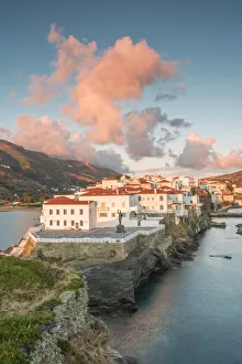 Andros Prints: Andros village at sunrise viewed from an old ruined castle, Andros, Cyclades Archipelago