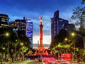 Tower Block Prints: Angel of Independence at dusk, Paseo de la Reforma, Mexico City, Mexico