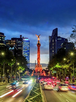 Tower Block Prints: Angel of Independence at dusk, Paseo de la Reforma, Mexico City, Mexico