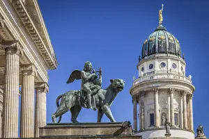 Concert Hall Prints: Angel statue on lion at Berlin Concert Hall and French Cathedral, Gendarmenmarkt, Berlin