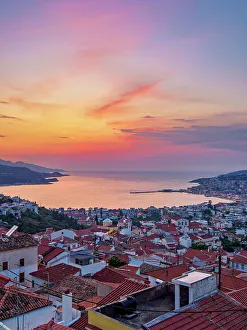 Ano Vathy and Samos Town at sunset, elevated view, Samos Island, North Aegean, Greece