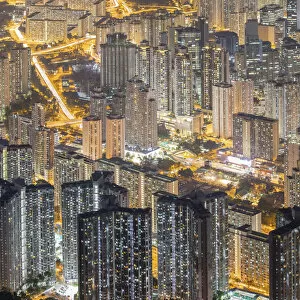 Apartment blocks at night, Kowloon, Hong Kong