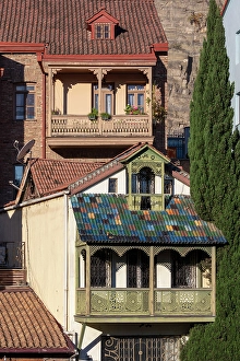 Leaning Prints: Appartments with leaning wooden balconies, Abanotubani district, Tbilisi, Georgia