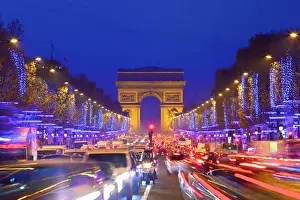Illumination Prints: Arc De Triomphe And Xmas Decorations, Avenue des Champs-Elysees, Paris, France, Western